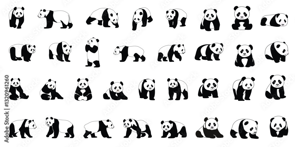 Cute black and white panda set. Vector illustration with black outline of panda. Cute black and white panda set. Vector illustration with black outline of panda.