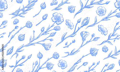 Blue flax flowers repeat print. Vector linen field