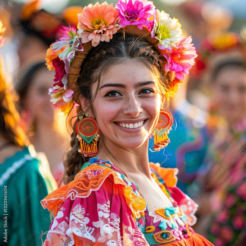 Young Woman with Colorful Flowers and Traditional Dress Smiling