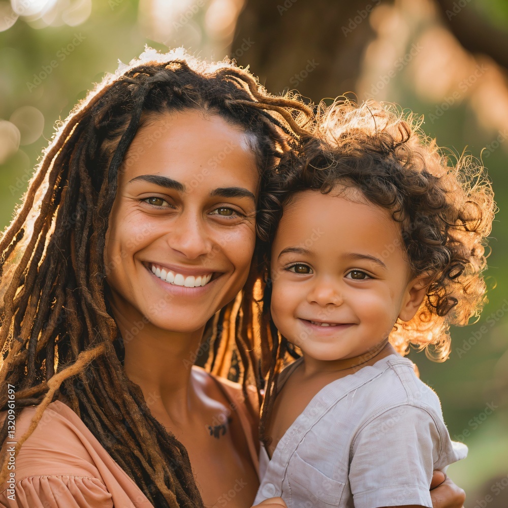 Fototapeta premium Mother and Child Smiling Together in a Warm Outdoor Setting