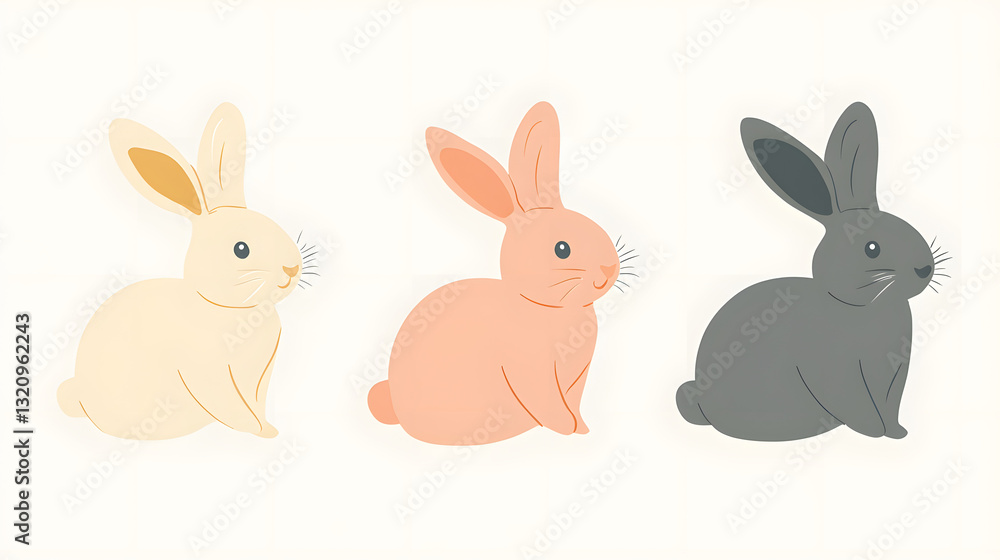 Cute and minimalistic vector illustrations of Easter bunnies in soft pastel shades. Cute and minimalistic vector illustrations of Easter bunnies in soft pastel shades.