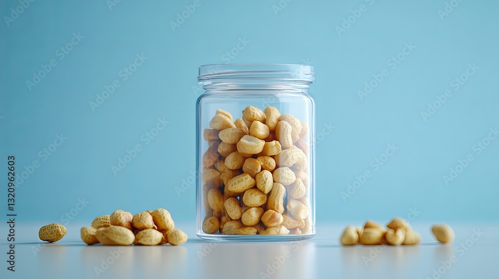 A minimalist jar of roasted peanuts styled with a small pile of nuts nearby. pic A minimalist jar of roasted peanuts styled with a small pile of nuts nearby. pic