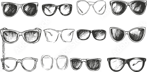 Hand-drawn sketches of various sunglasses and glasses designs.