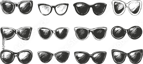 Hand-drawn sketch of various sunglasses designs on a white background.