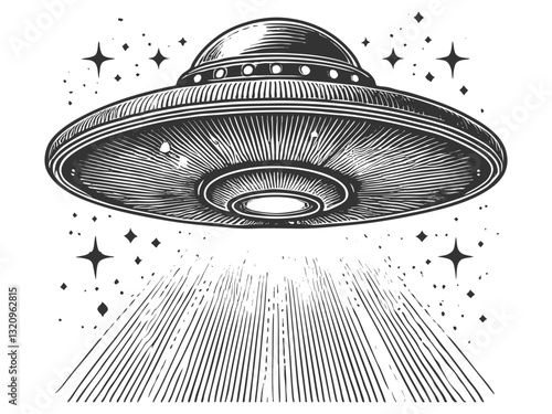 UFO flying saucer emitting a powerful beam of light, blending retro sci-fi with a mysterious extraterrestrial theme sketch engraving generative ai vector illustration. Scratch board. Black and white.