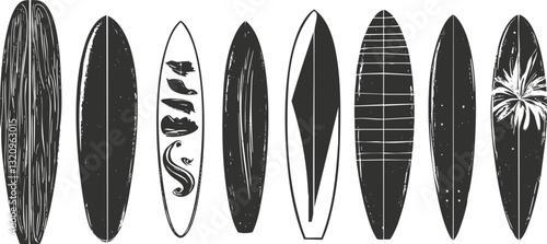 Collection of vintage surfboard silhouettes with unique decorative designs.