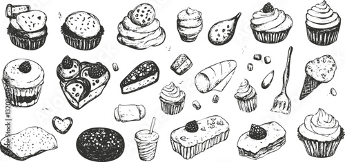 Hand-drawn illustration of various desserts including cupcakes and pastries.