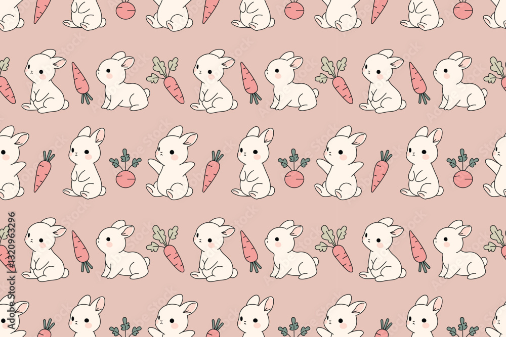 Fototapeta premium Adorable rabbits and veggies seamless pattern, pastel bunny repeat design for fabric and decor