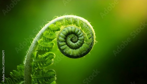 A close-up macro photograph of a young fern leaf in its early stage of growth, displaying intricate curls and lush greenery in soft light