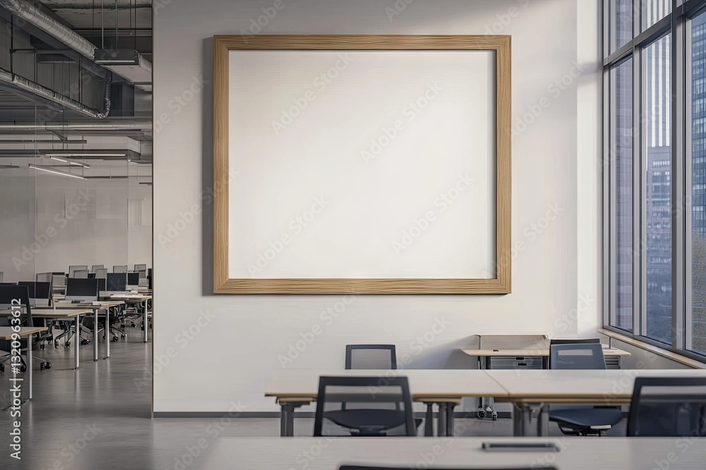 Modern office space with large blank frame on wall. Interior view of a bright, open-plan office. Empty white frame on a light gray wall showcasing potential. Modern office space with large blank frame on wall. Interior view of a bright, open-plan office. Empty white frame on a light gray wall showcasing potential.