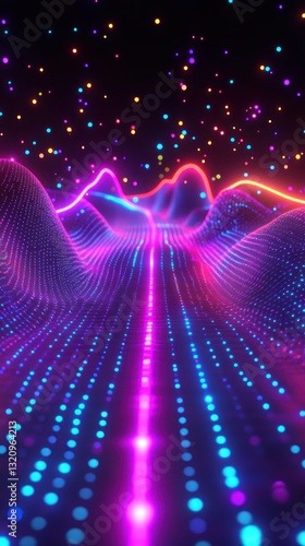 Vibrant abstract landscape with colorful waves and glowing particles