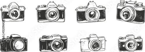 Illustration of vintage cameras in monochrome sketch style.