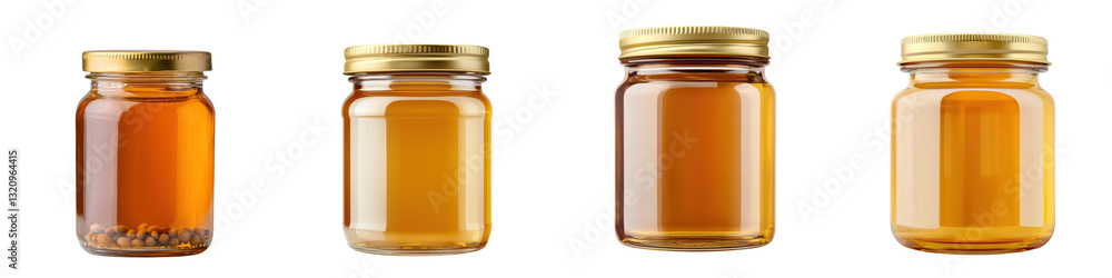 Closeup of several amber colored glass jars filled with organic natural honey displayed on a wooden table The honey filled jars showcase the rich golden color and transparency of the sweet nectar Closeup of several amber colored glass jars filled with organic natural honey displayed on a wooden table The honey filled jars showcase the rich golden color and transparency of the sweet nectar