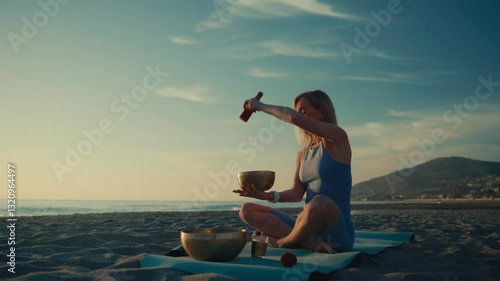 A woman sits on a yoga mat at the beach during sunset, playing Tibetan singing bowls for sound healing and meditation. Peaceful scene.