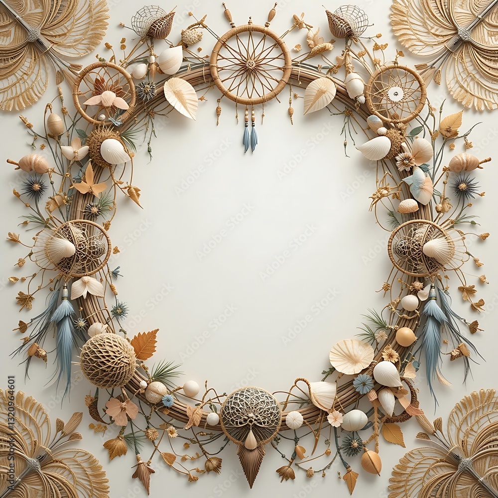 Fototapeta premium Decorative Wreath with Dreamcatchers and Seashells Frame for Creative Invitation