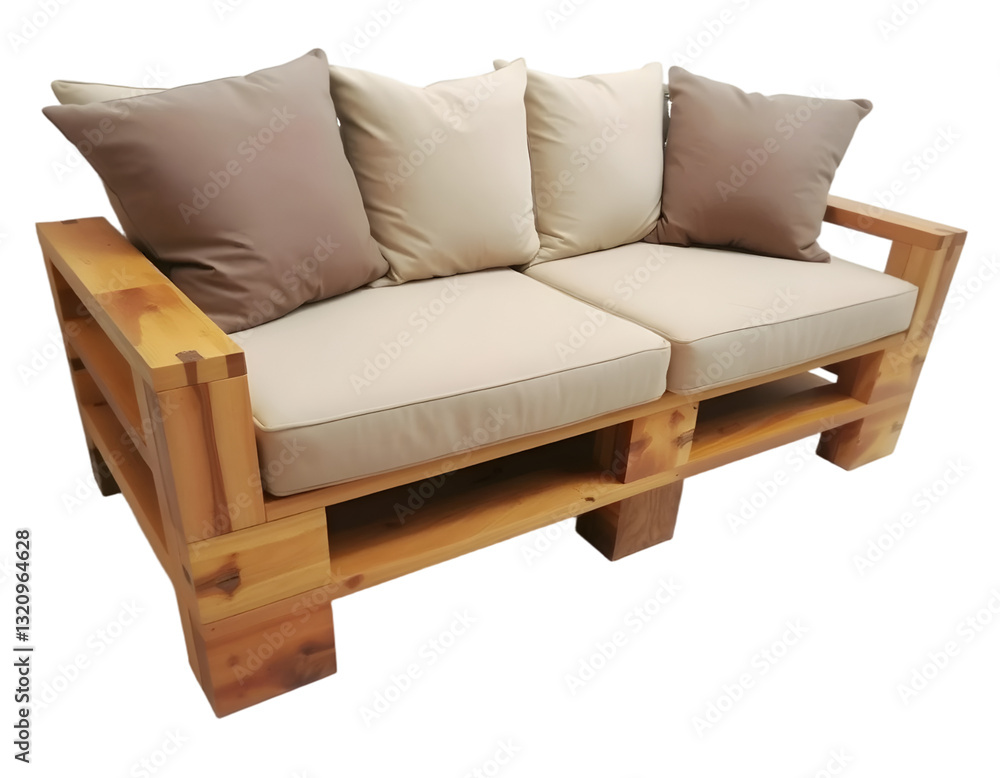 Fototapeta premium Wooden sofa with pillows isolated on transparent background