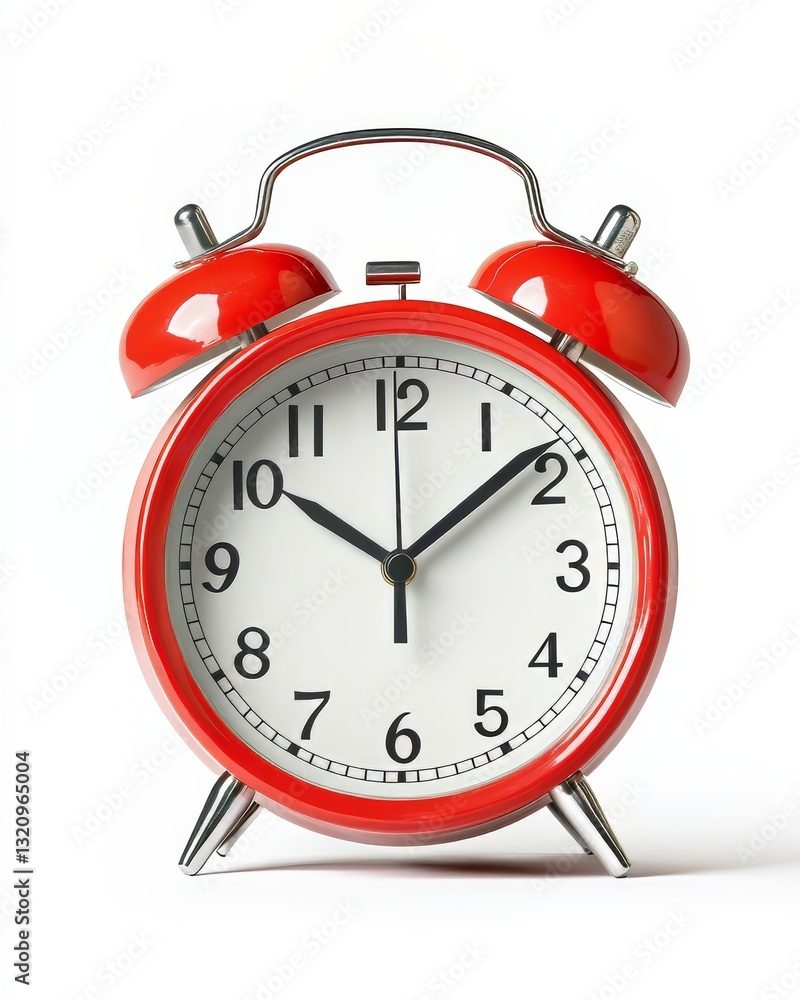 Classic Red Alarm Clock Isolated on a Plain Background Showing Noon Time Classic Red Alarm Clock Isolated on a Plain Background Showing Noon Time