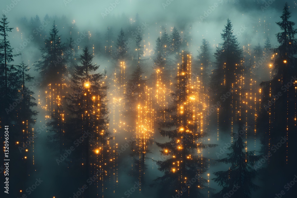 Obraz premium Enchanted Forest at Dusk with Mystical Glowing Lights