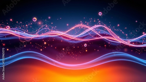 Digital representation of glowing waves with floating particles, creating a mesmerizing abstract background with deep blue and orange hues.