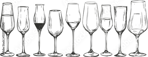 Illustration of various wine glasses in a sketched style.