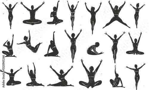 Silhouettes of women in various yoga poses on white background.
