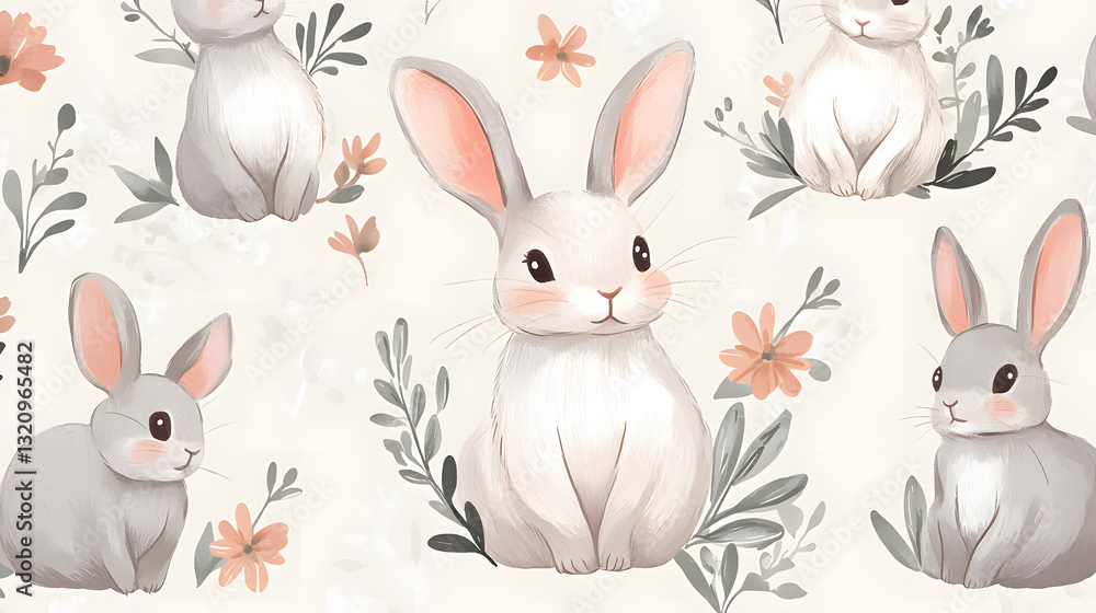 Cute hand-drawn pastel Easter bunnies with floral accents for festive designs. Cute hand-drawn pastel Easter bunnies with floral accents for festive designs.