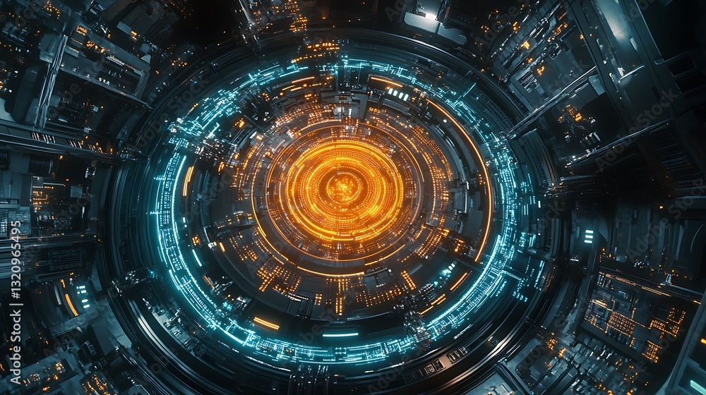 Fototapeta premium Intricate, futuristic, circular, technological, inner core, glowing, complex system, digital art