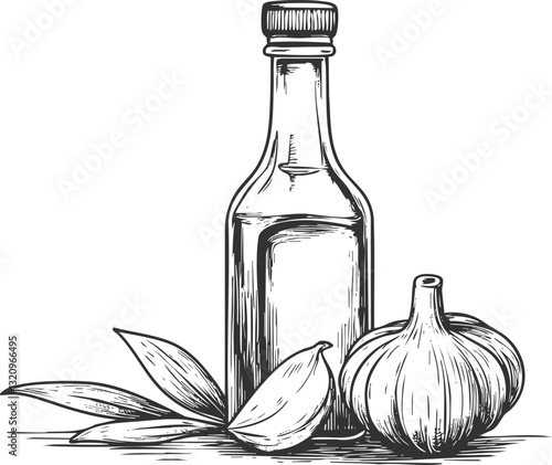 Hand-drawn illustration of a bottle with garlic and herbs.