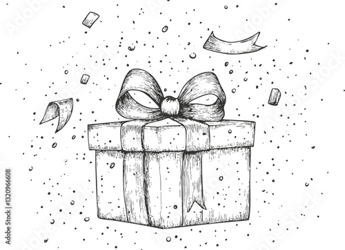 Hand-drawn gift box with ribbon and confetti on white background.