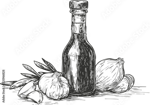 Hand-drawn sketch of olive oil bottle with garlic and onion.