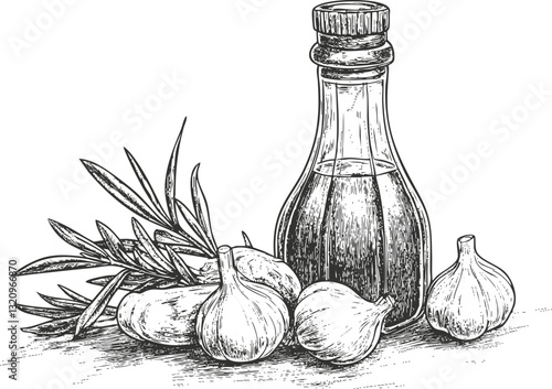 Vintage sketch of olive oil bottle with garlic and herbs.