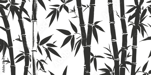 Black and white bamboo silhouette pattern with leaves and stems.