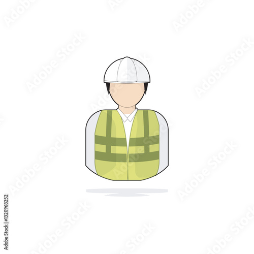 Vector icon of a construction worker wearing a safety helmet and reflective vest, representing safety, engineering, and labor.