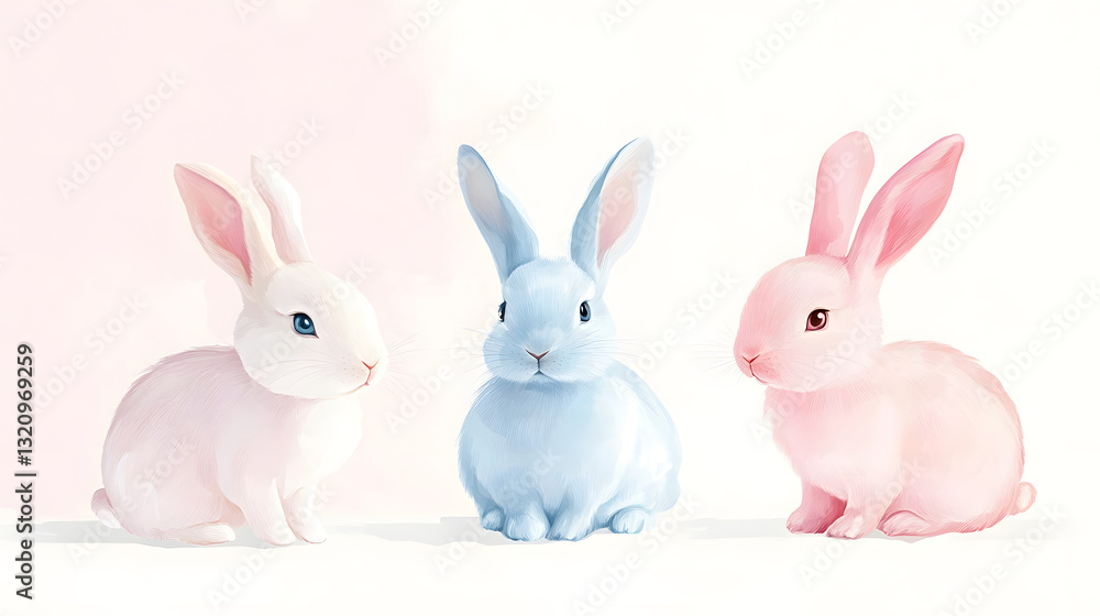 Fototapeta premium Delicate pastel Easter bunnies, hand-drawn with minimalistic design for elegant projects.
