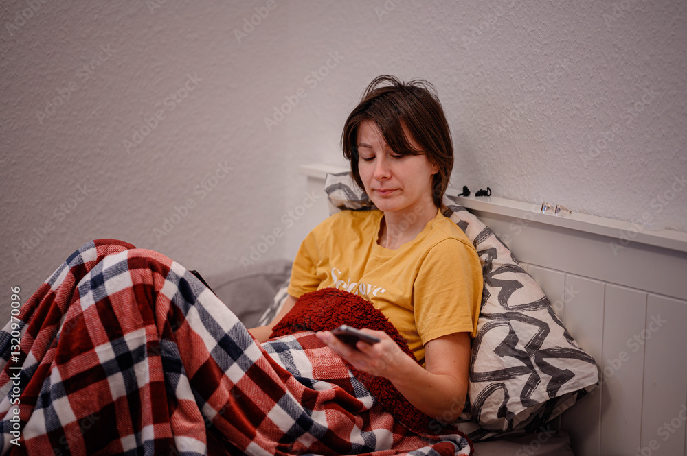 Sleepy Woman Sitting in Bed Using Smartphone in Morning Sleepy Woman Sitting in Bed Using Smartphone in Morning