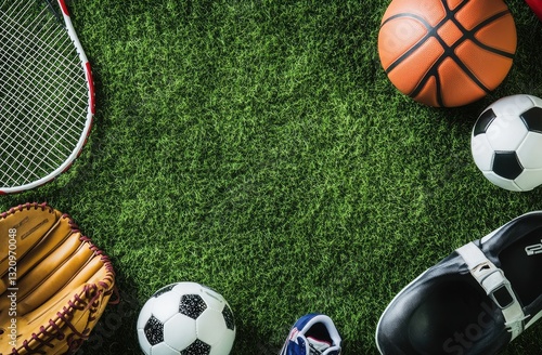 Variety of sports equipment on lush green grass