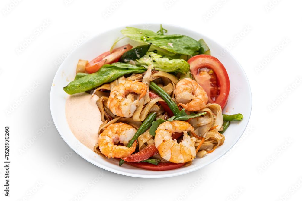 Spaghetti with shrimps and basil on a white plate. Spaghetti with shrimps and basil on a white plate.