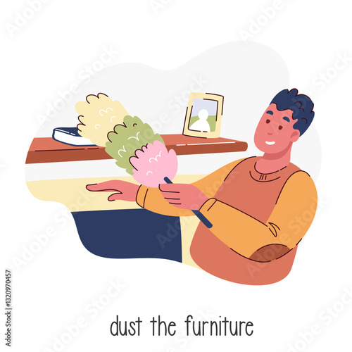 Man dusting furniture with feather duster cartoon scene. Funny boy with happy smile and broom equipment cleaning up dust. Housework, cleanup, cartoon dusting action to clean home vector illustration