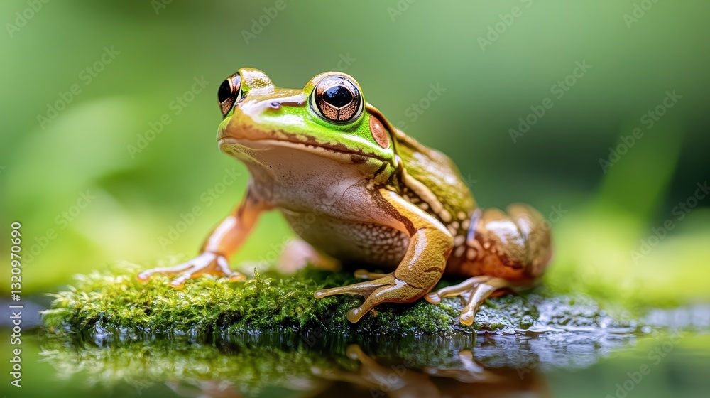 A vibrant green frog sits gracefully on a moss-covered rock, highlighting the beauty of nature and the intricate details of its skin and surroundings in a serene environment. A vibrant green frog sits gracefully on a moss-covered rock, highlighting the beauty of nature and the intricate details of its skin and surroundings in a serene environment.