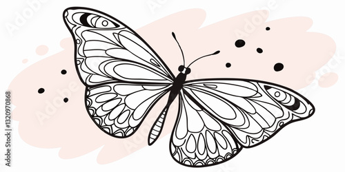 Black and white linear illustration of butterfly with zentangle patterns with watercolour spots for websites and blogs about nature,insects and in simple and elegant designs.