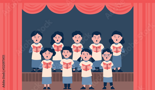 Children choir on stage. Church chorus with little kids in special costumes. Musical school student, theater entertainment or religious recent vector scene