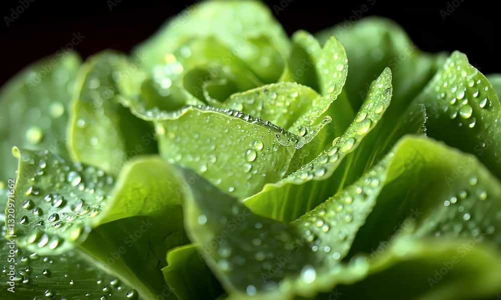 Dew-covered lettuce close-up, fresh garden produce, dark background, healthy food concept Dew-covered lettuce close-up, fresh garden produce, dark background, healthy food concept