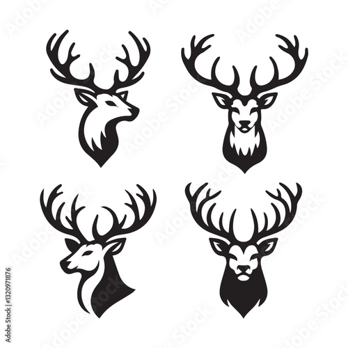 Deer head set black silhouette isolated white background