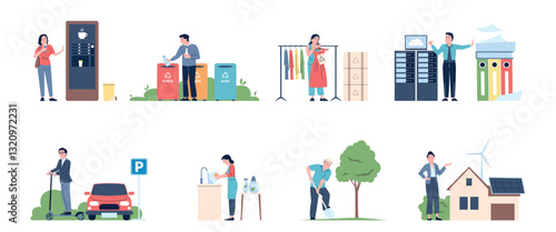 Eco friendly habits. Ecology lifestyle, people sorting garbage, economy energy and water, using recycle for plastic and clothes. Recent vector flat scenes