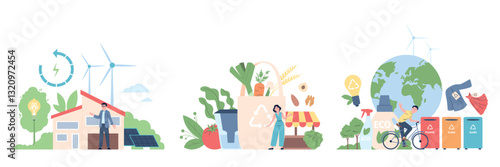 Eco daily habits flat concept. Eat organic farm food and drink clean water, economy energy, using recycled items. Healthy lifestyle recent vector scenes
