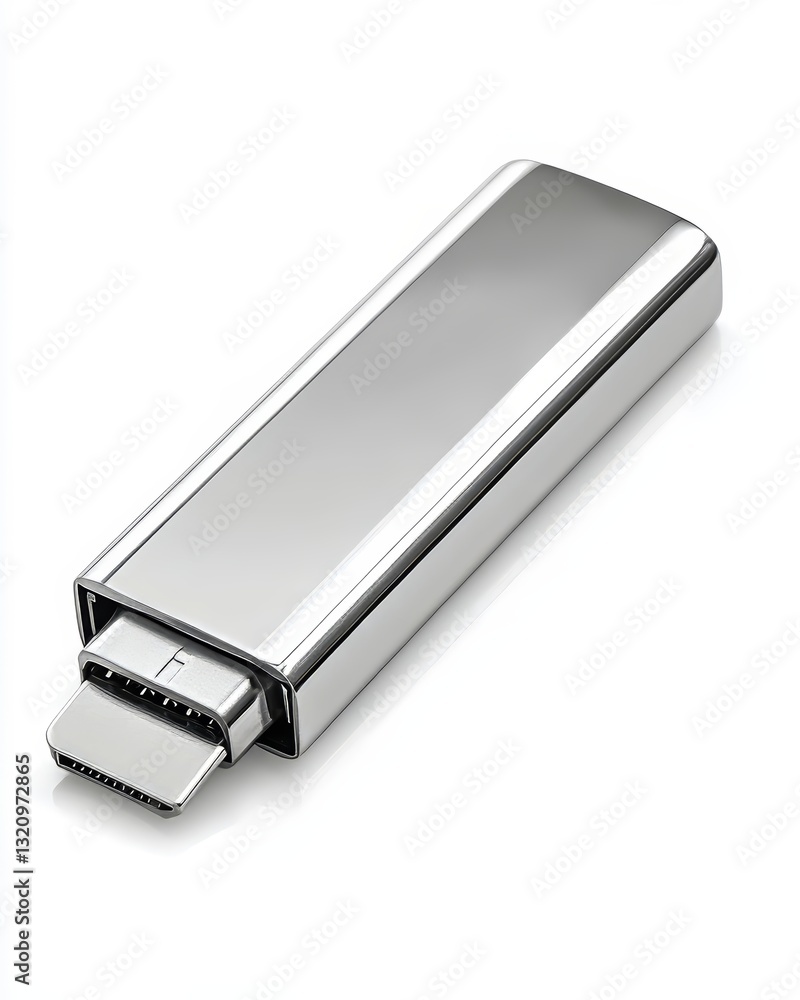 Sleek Silver USB Flash Drive Isolated on Clean White Studio Background Sleek Silver USB Flash Drive Isolated on Clean White Studio Background