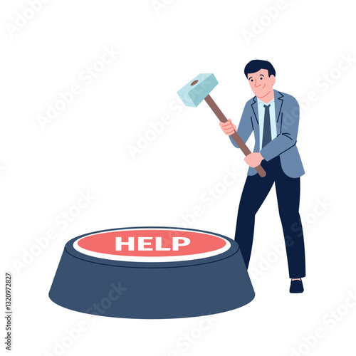 Businessman need help. Problem in business, financial failed or went bankrupt. Office worker hold hammer and press button help, recent vector scene