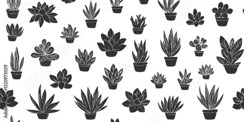 Monochrome seamless pattern of various potted succulent plants.