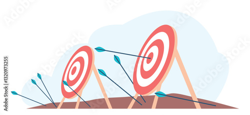 Archery targets. Unsuccessful and successful shooting, arrows hit target and miss. Success and failure, business strategy recent vector concept