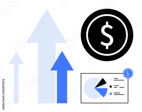 Upward arrows symbolizing growth, bold dollar icon for financial focus, and analytics chart with pie graph. Ideal for finance, investment, profit growth, business strategy, market trends, goal